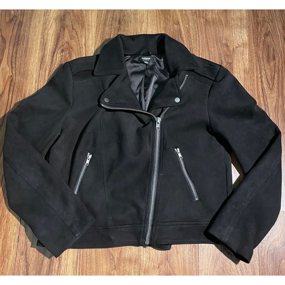 Premise Studio Faux Leather Suede Moto Jacket Long Sleeve Full Zip Women L Black